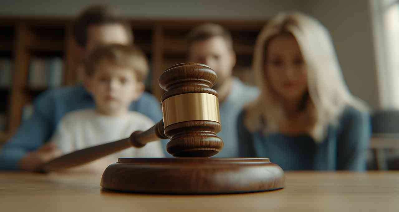 A courtroom scene depicts a family awaiting a legal decision symbolized by a gavel. The focus is on family law, highlighting the impact on relationships and futures.