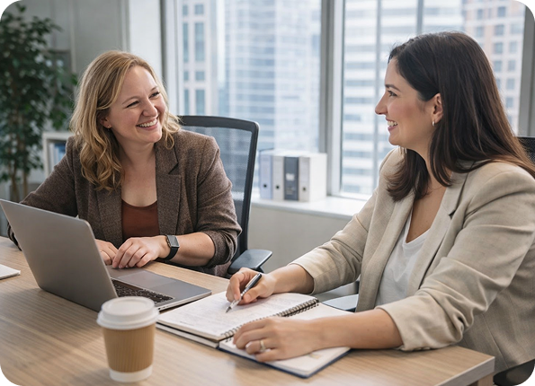 two woman talking for business purposes