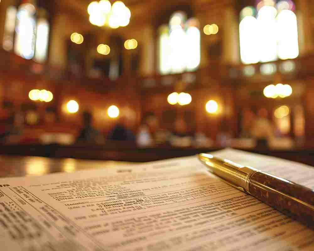 Closeup of legal documents and a pen in a courtroom